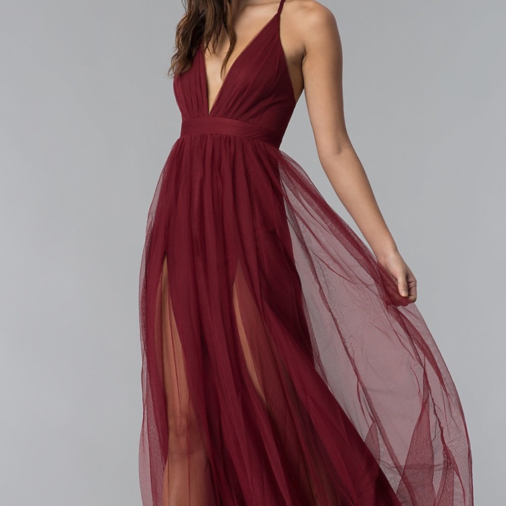 Deep V Neck Long Wine Red Dress